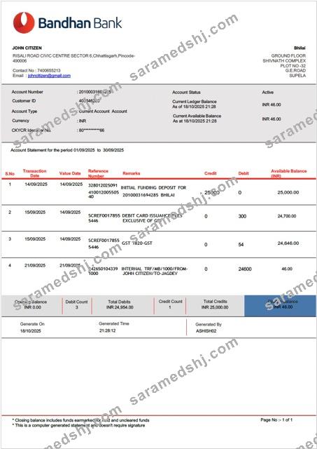India Bandhan Bank account statement Word and PDF template